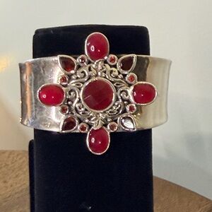 Sterling Silver and Red Gemstone Cuff Bracelet